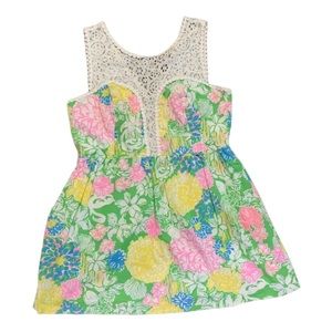Lilly Pulitzer Sz 16 Raegan Fit and Flare Lace Trim Dress Floral Hibiscus Stroll